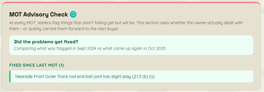 MOT Advisory Check - screenshot from a BIB report