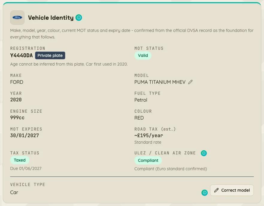 Vehicle Identity - screenshot from a BIB report